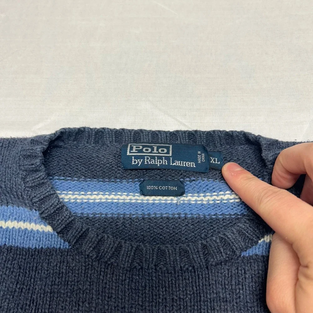 Polo Ralph Lauren Mens XL Blue Striped 100% Cotton Crewneck Sweater Pony Logo